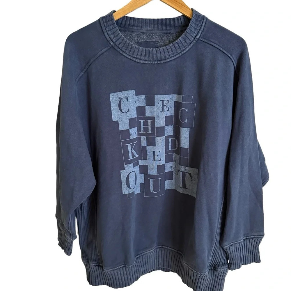 Aerie Size Medium Blue Down To Earth Checked Out Sweatshirt Crewneck Oversized